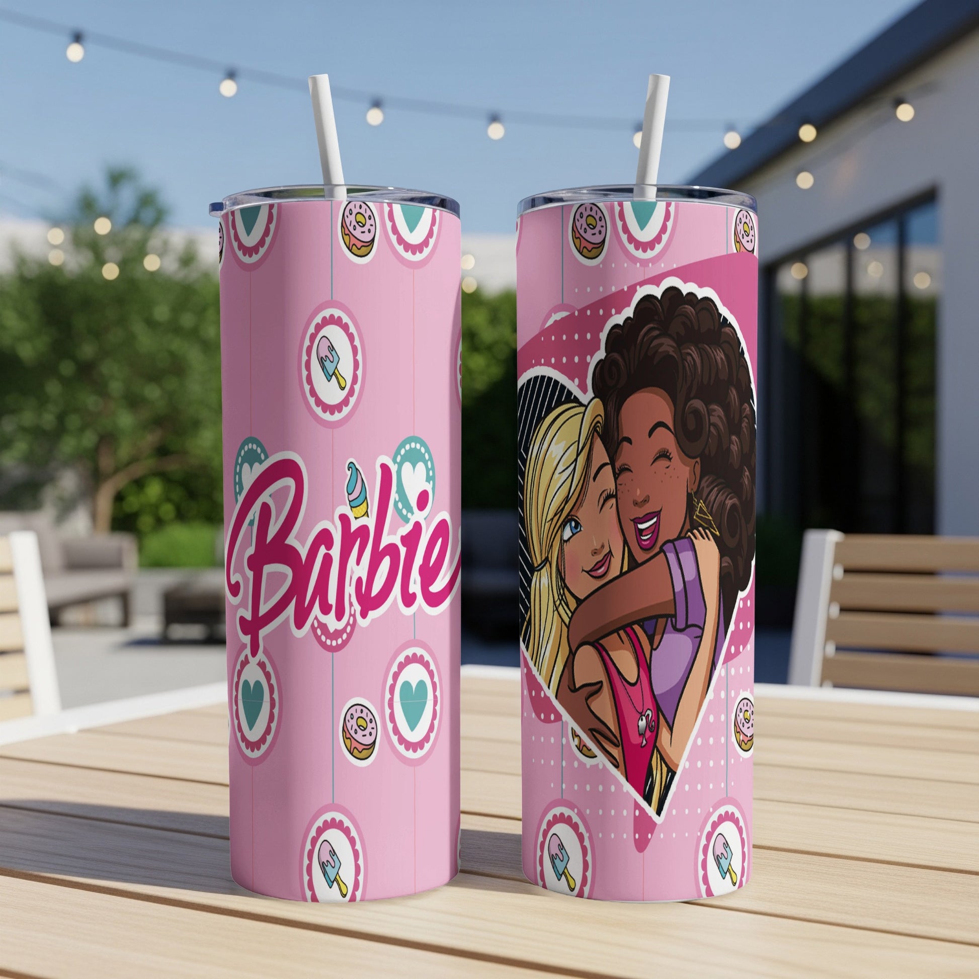 Two Barbie tumblers, one with Barbie logo, the other with diverse friends.