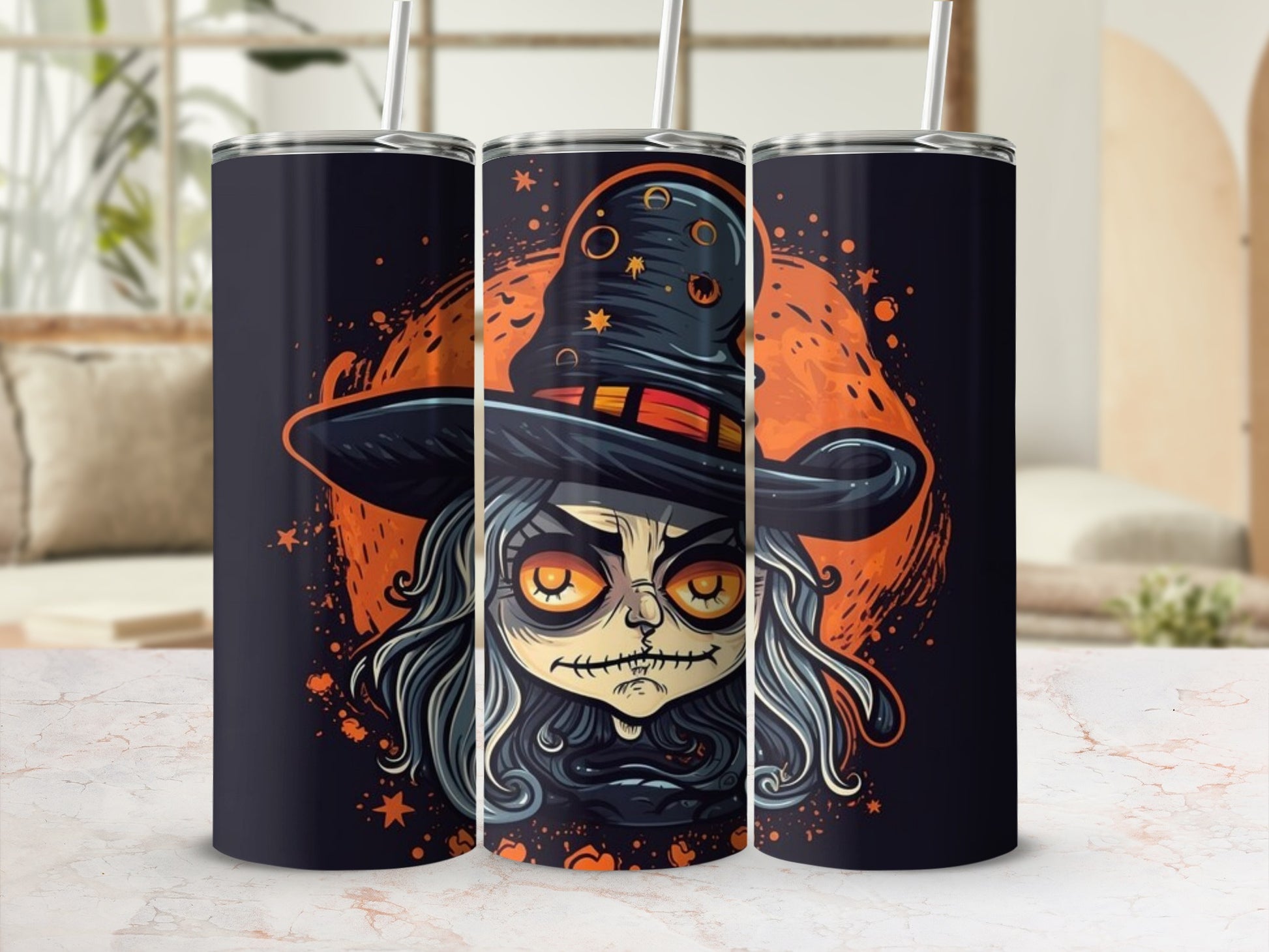 Three tumblers display a cartoon witch with grey hair and orange eyes.