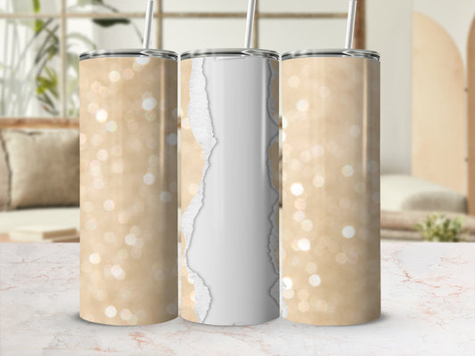 Three tumblers with ripped paper design and bokeh background.
