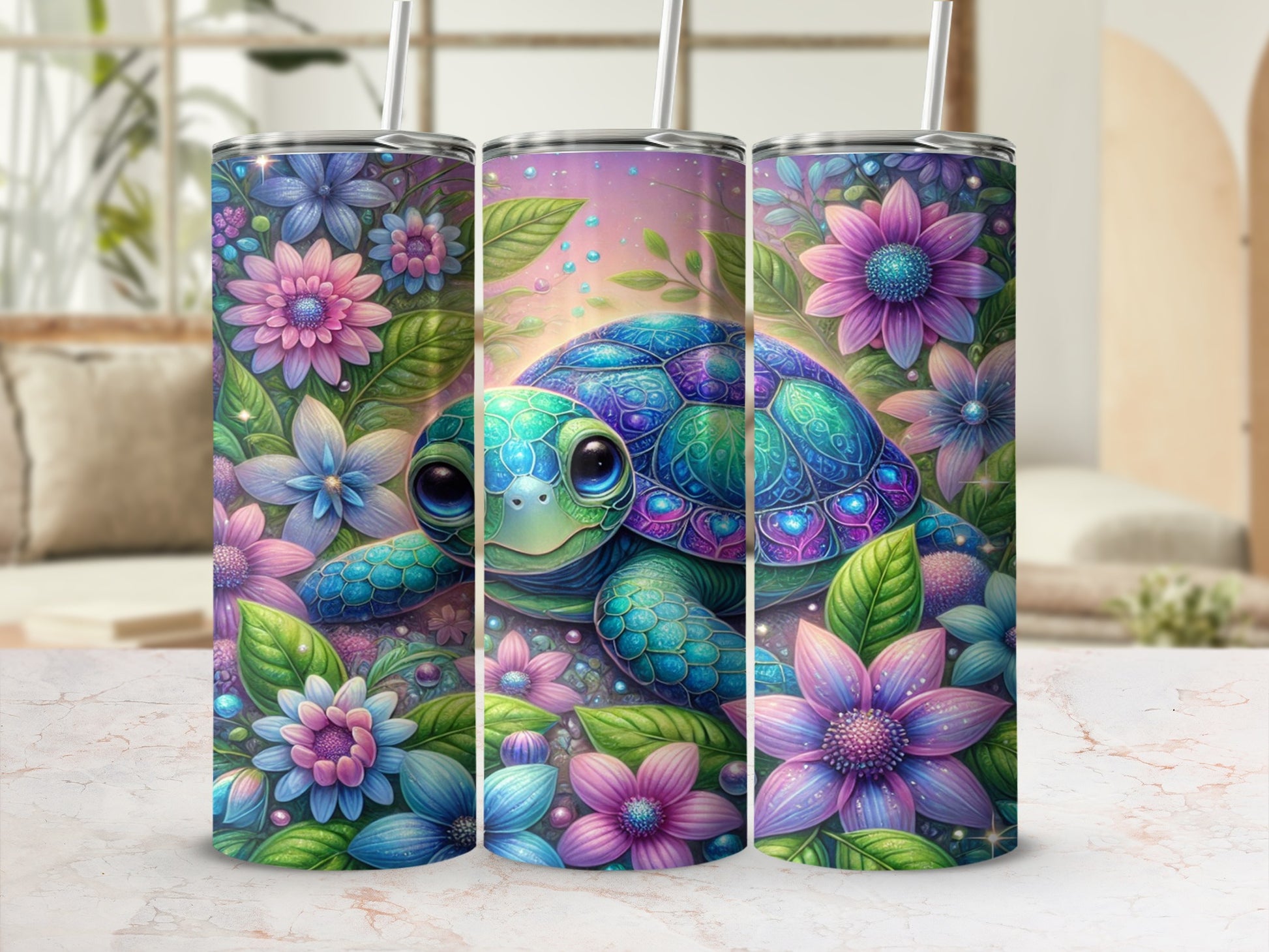 Cute Turtle and Floral Art Tumbler Cup for Daily Use