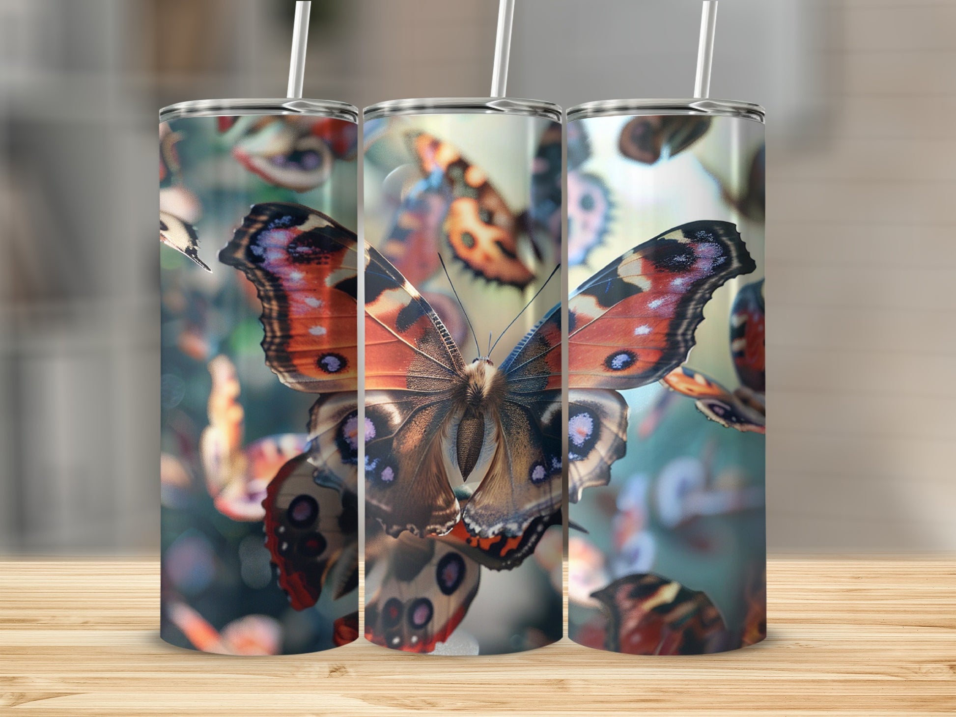 Three tumblers display a close-up of an orange and brown butterfly.