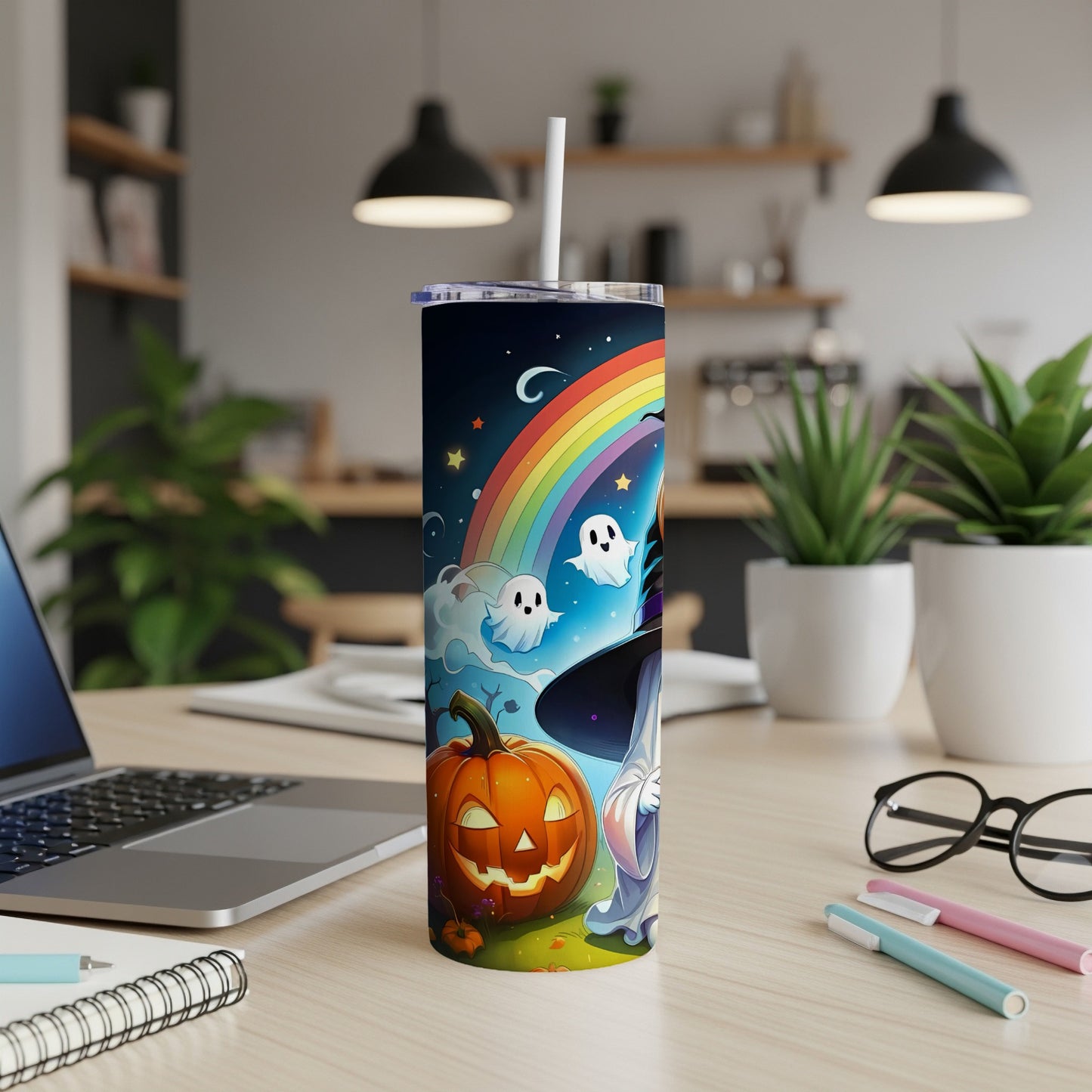Tumbler with Halloween characters, rainbow, and jack-o'-lantern design.