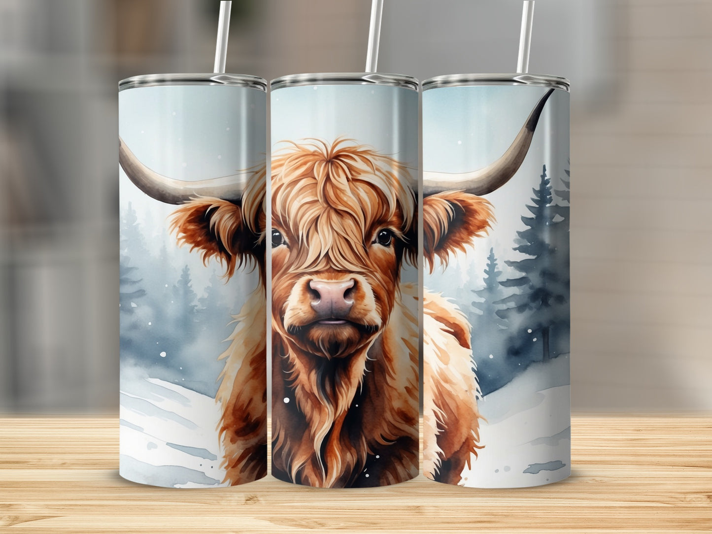 Watercolor Highland cow with shaggy brown fur and long horns in a snowy forest.