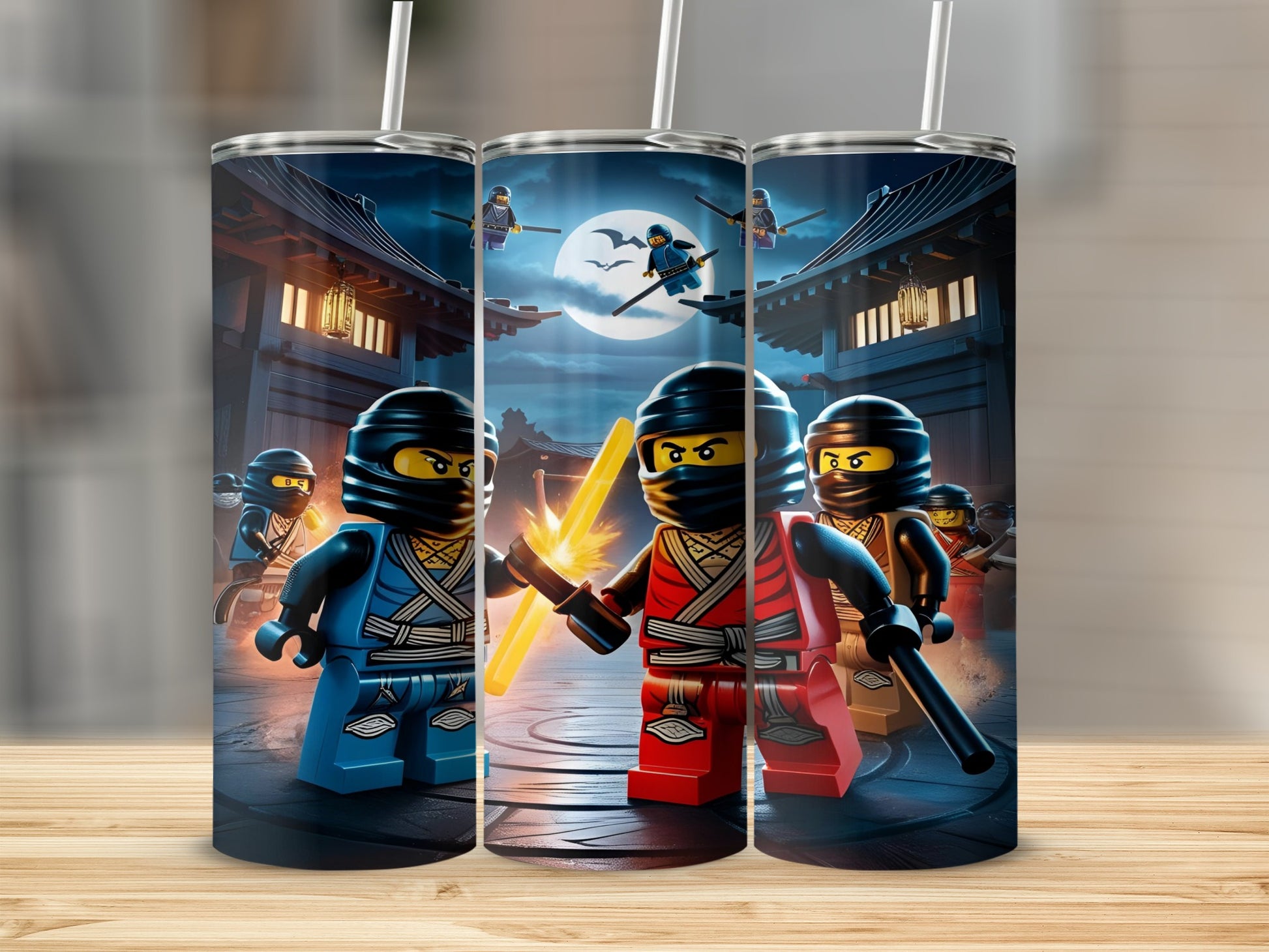 LEGO Ninjago characters in blue and red wielding weapons with a castle in the background.