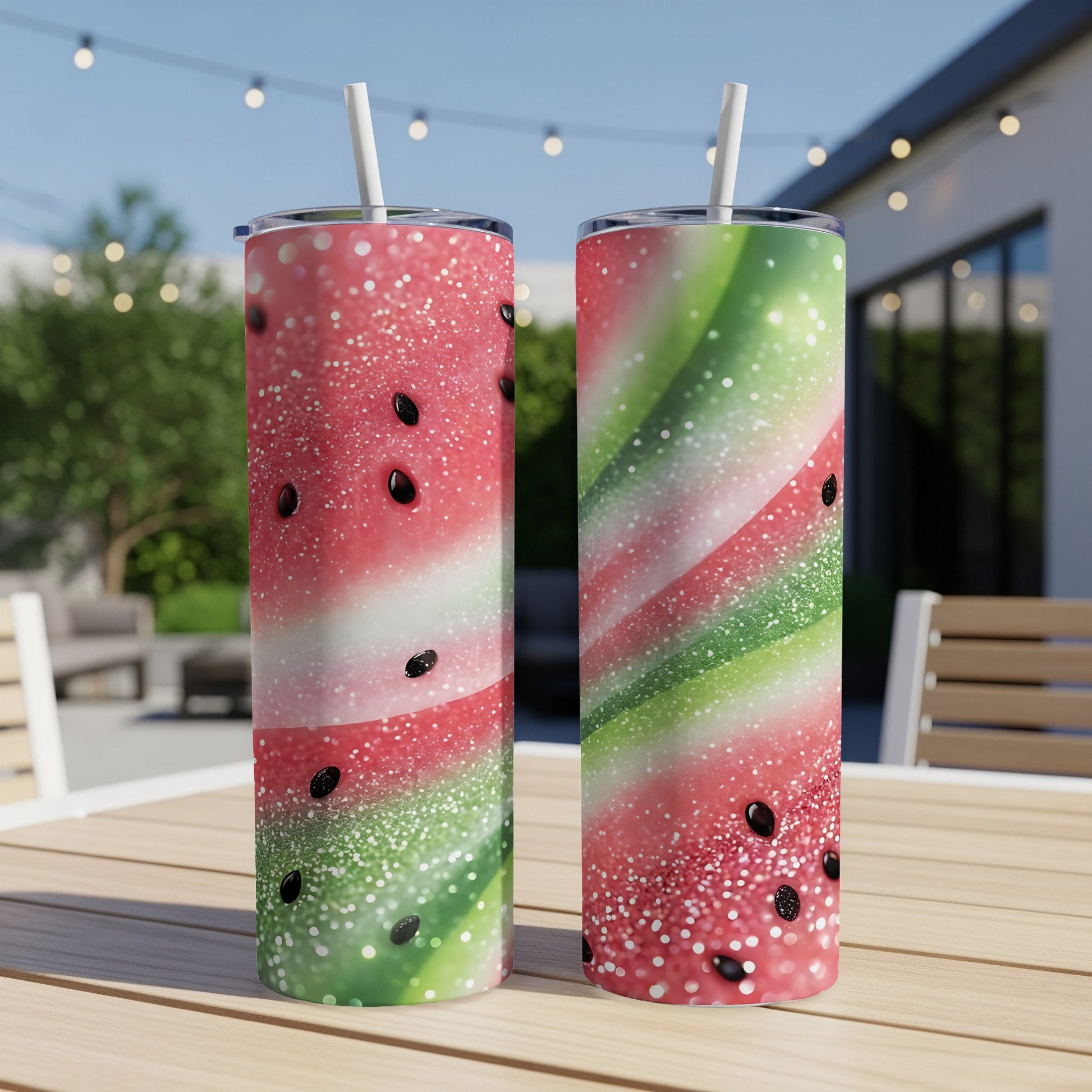 Two tumblers with watermelon and glitter designs sit on a wooden table outdoors.