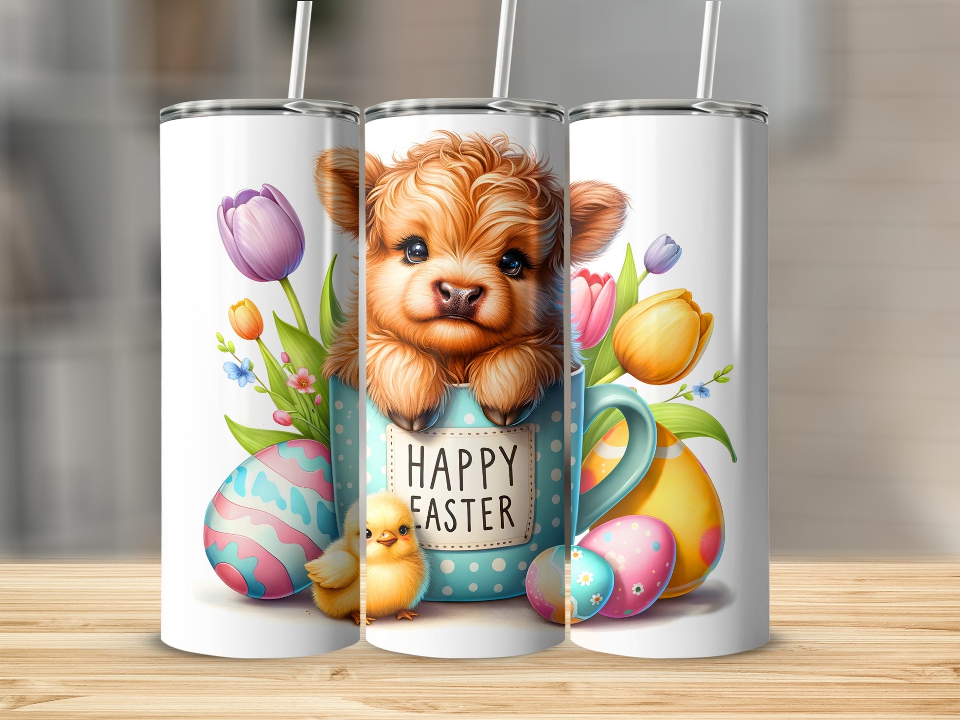 Fluffy calf peeking from a mug with Easter eggs and chicks.