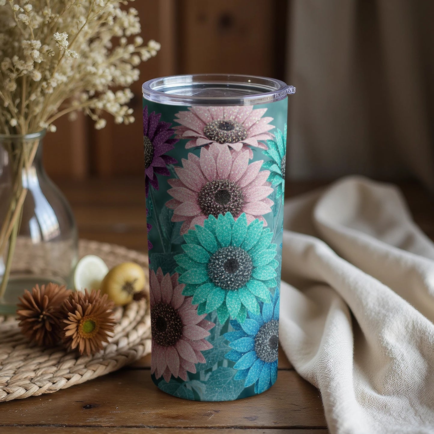 Floral Patterned Tumbler with Colorful Sunflowers Design