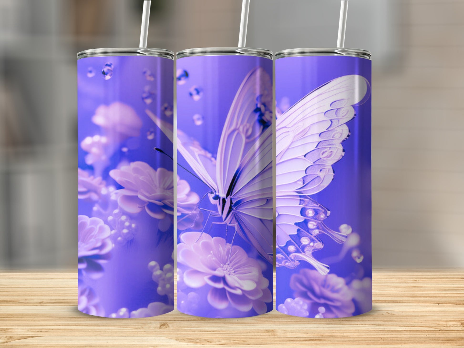 Purple tumbler with a butterfly and flowers design.
