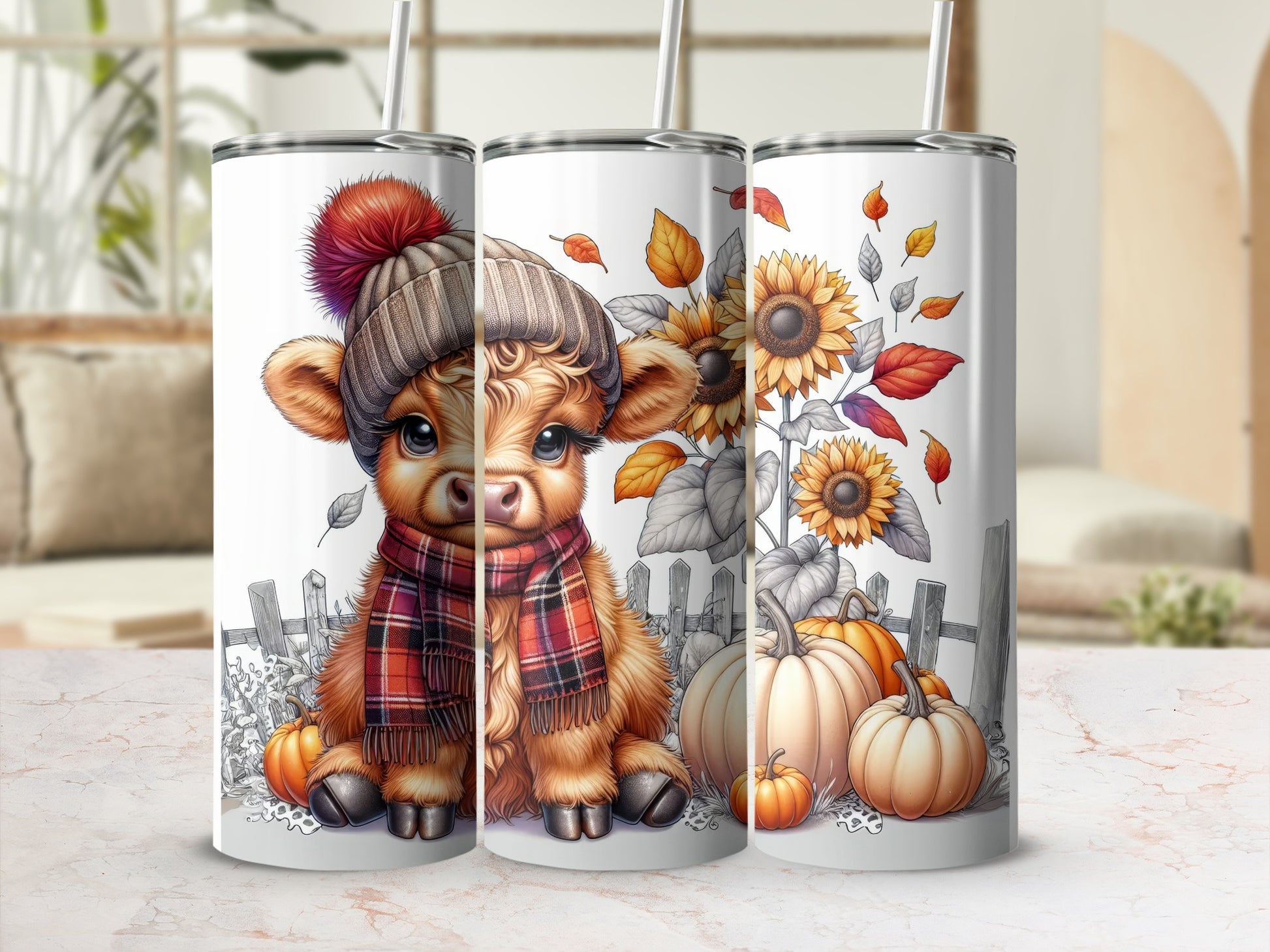 Cute baby cow wearing a beanie and scarf with pumpkins and sunflowers.