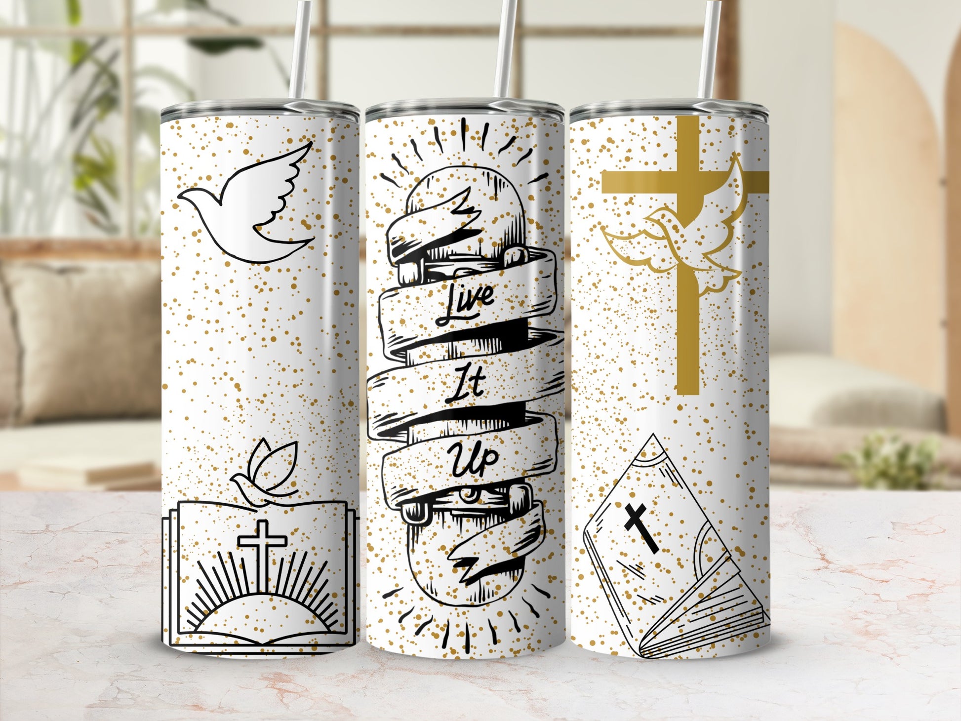 Inspirational Christian Tumbler with Cross and Dove Design