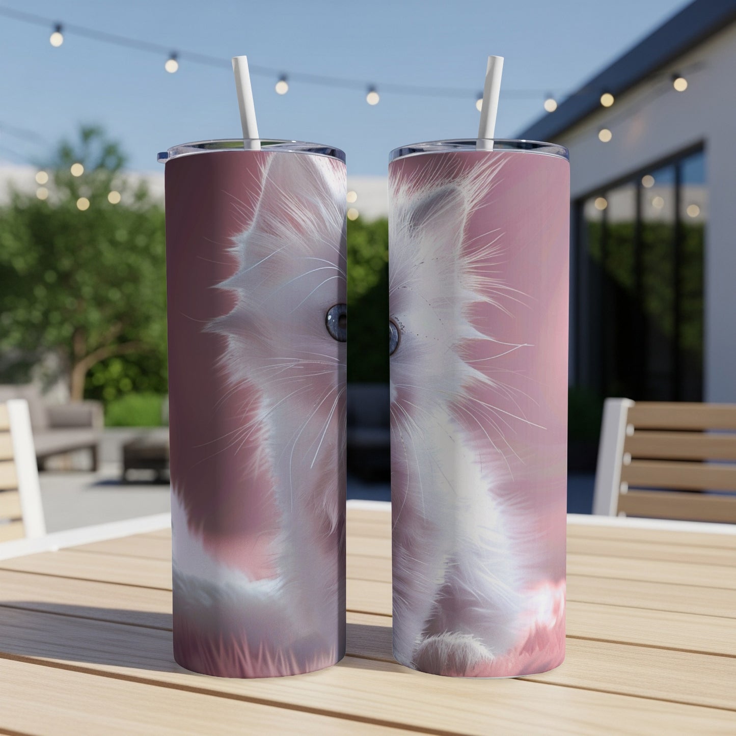 Two pink tumblers with fluffy white cat face graphic.