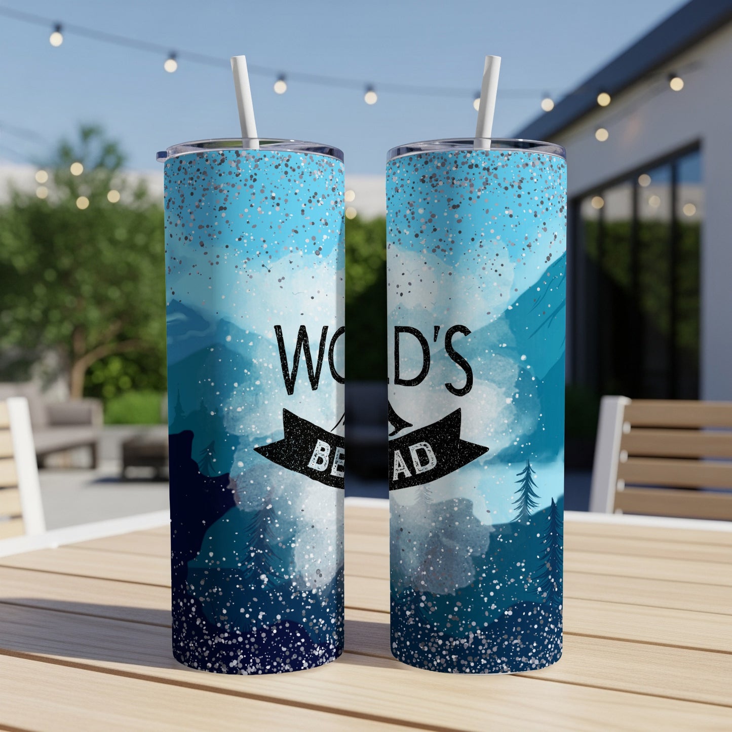 Two tumblers with "World's Best Dad" text and a blue watercolor and glitter design.