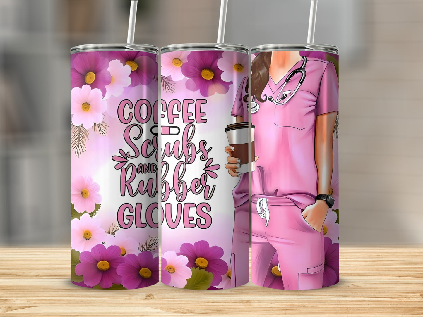 Coffee Scrubs and Rubber Gloves Floral Tumbler
