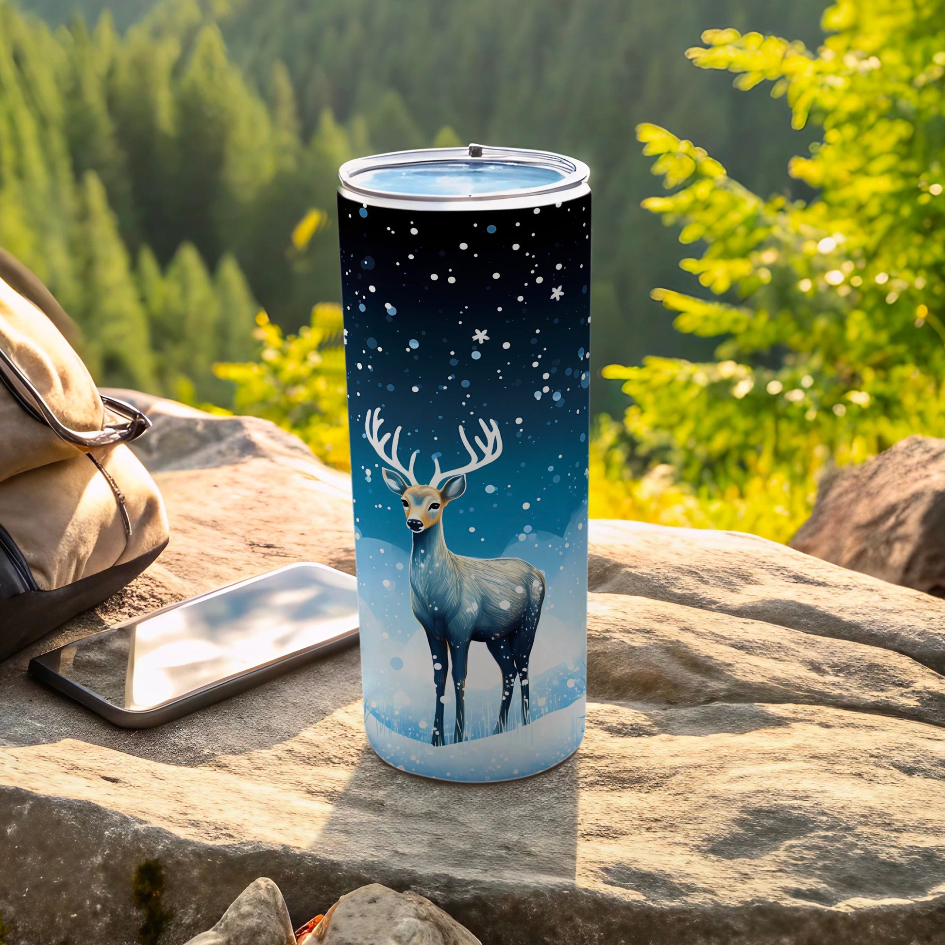 Majestic Forest Deer Tumbler with Snowy Night Scene