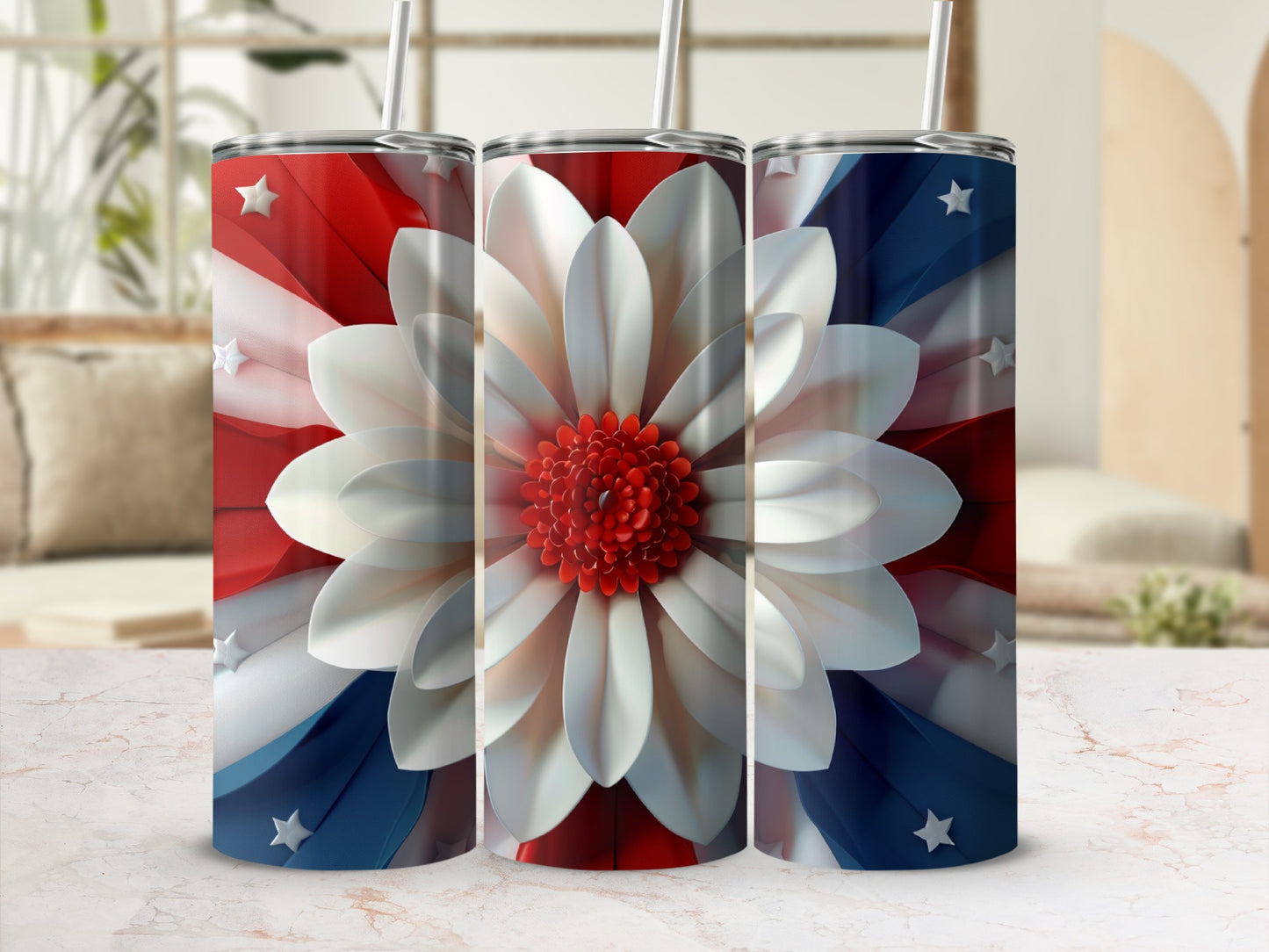 Red, white, and blue floral patriotic tumbler with stars.