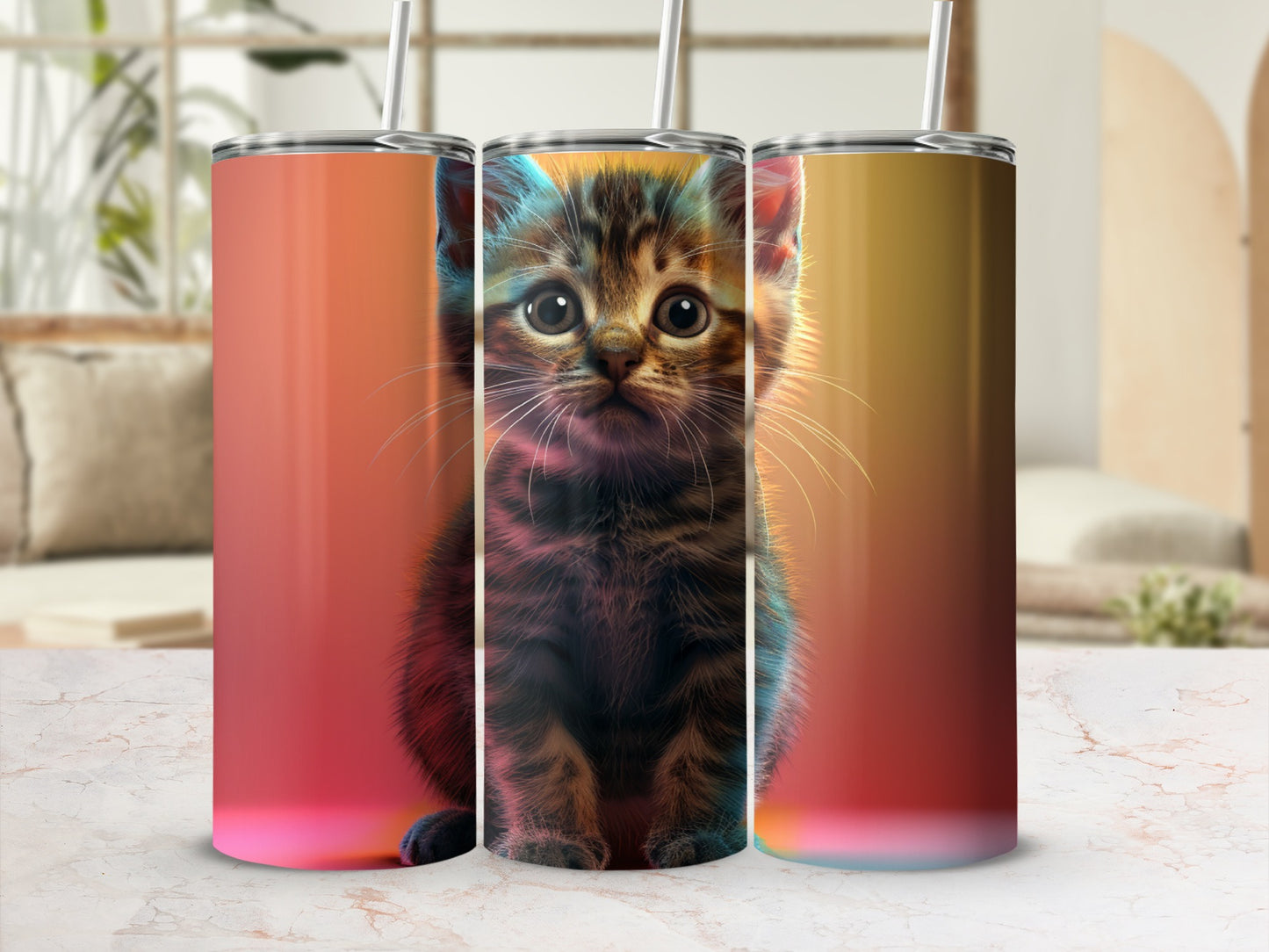 Tabby kitten centered on a gradient background with straw.
