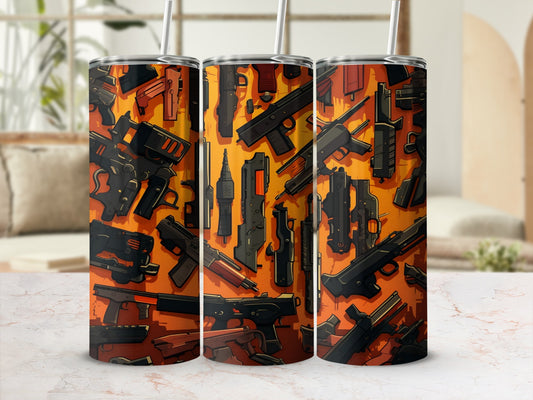 Three tumblers with a graphic design of various black and orange firearms.