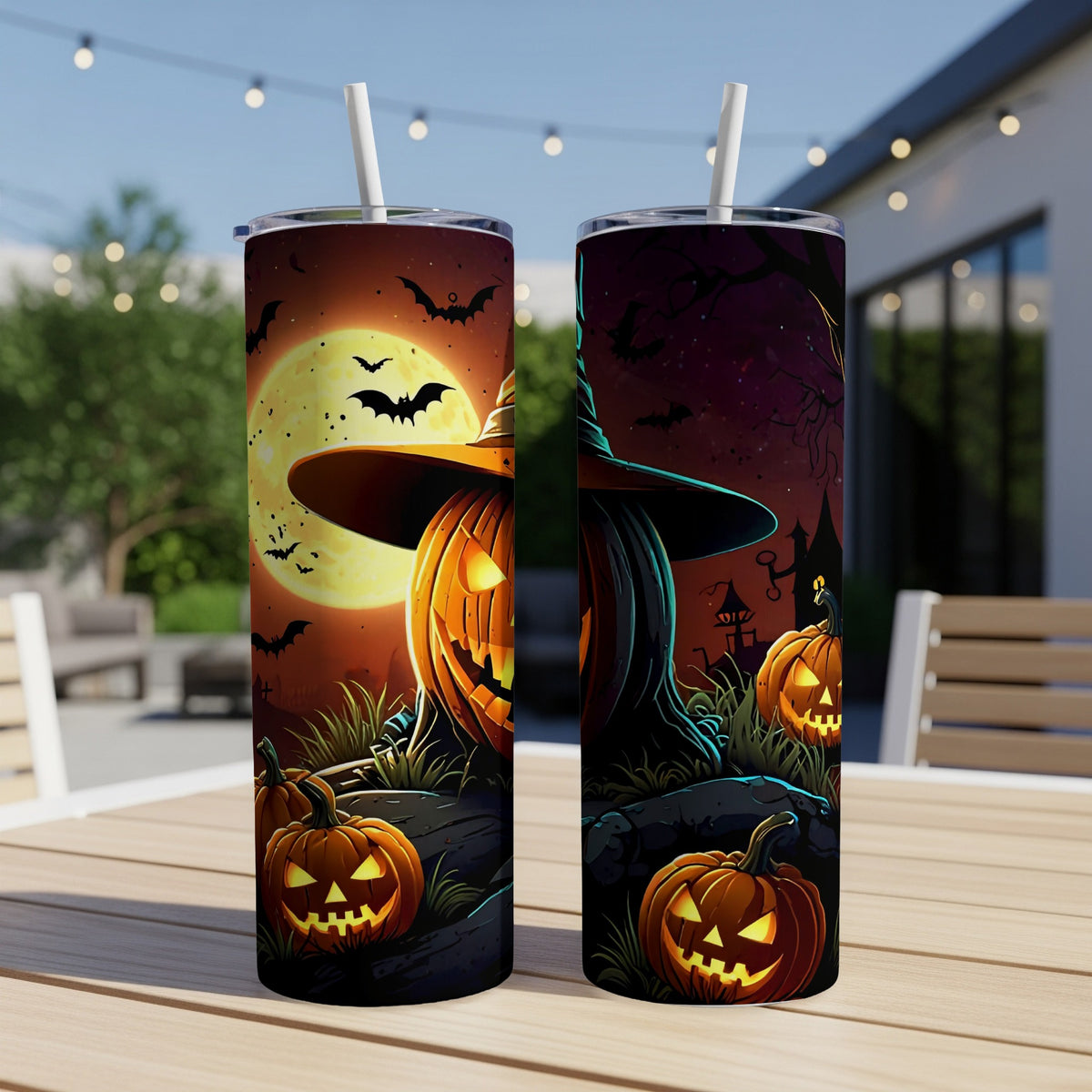 Two Halloween-themed tumblers with jack-o'-lanterns, bats, and a moon.