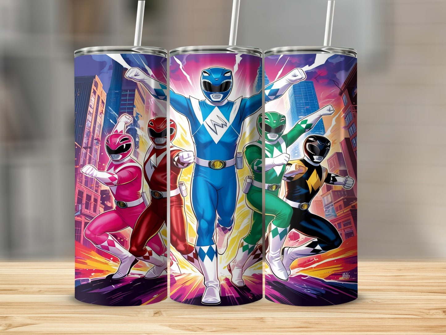 Power Rangers in action poses against a city skyline.