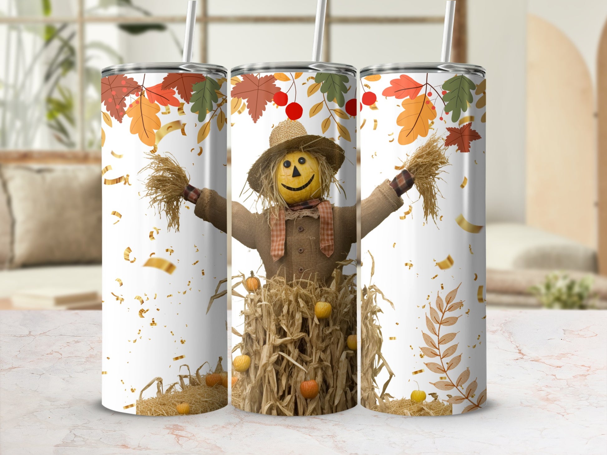 Autumn Scarecrow Themed Tumbler Perfect for Fall Decor