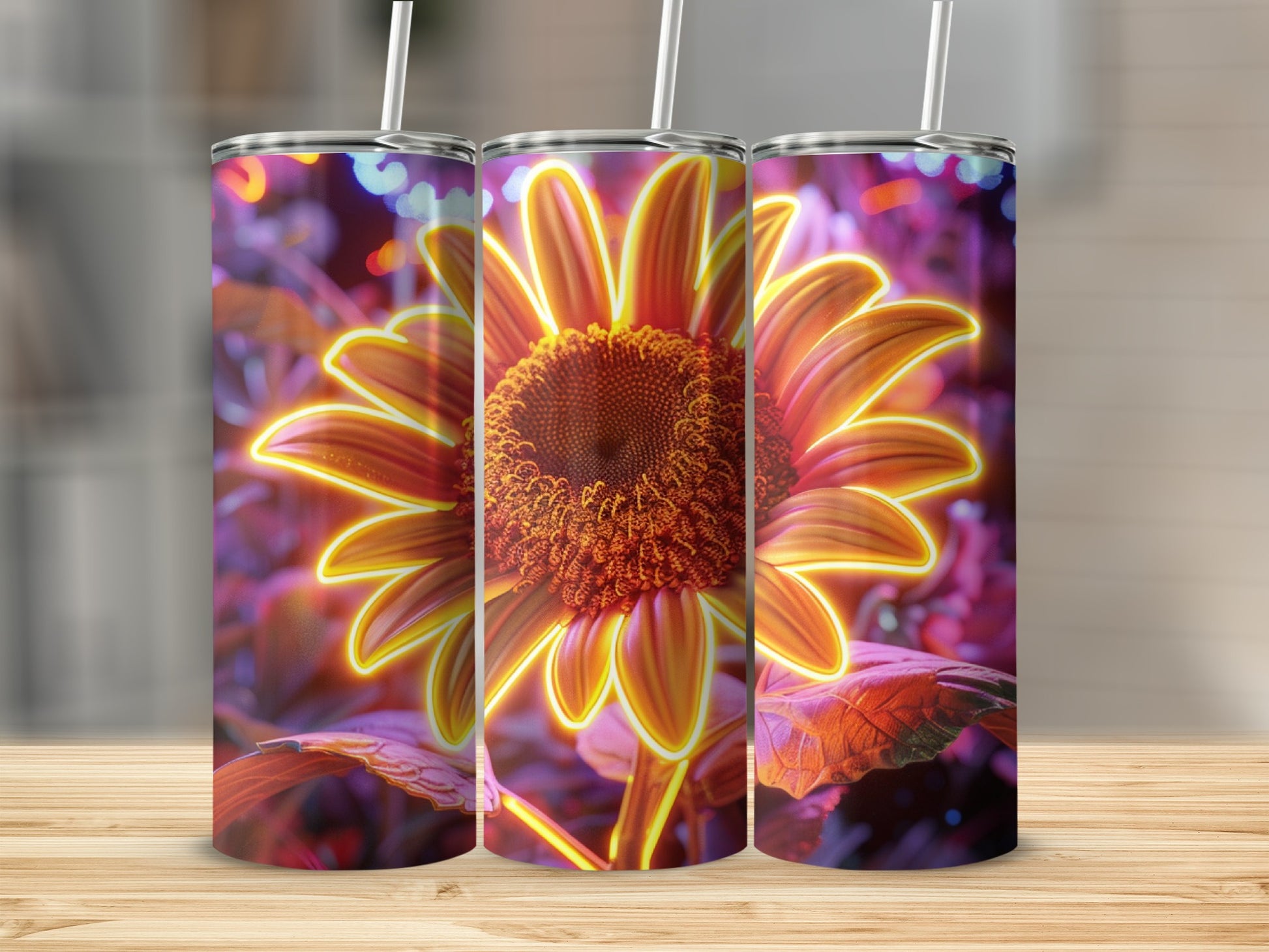 Three tumblers featuring a glowing sunflower design against a bokeh background.