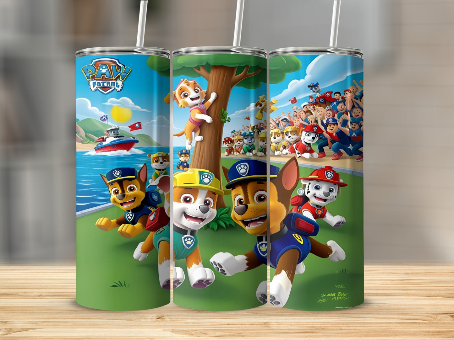 Paw Patrol pups racing forward with a cheering crowd in the background.