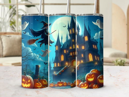 Halloween tumblers with a witch, haunted castle, ghosts, bats, and jack-o'-lanterns.