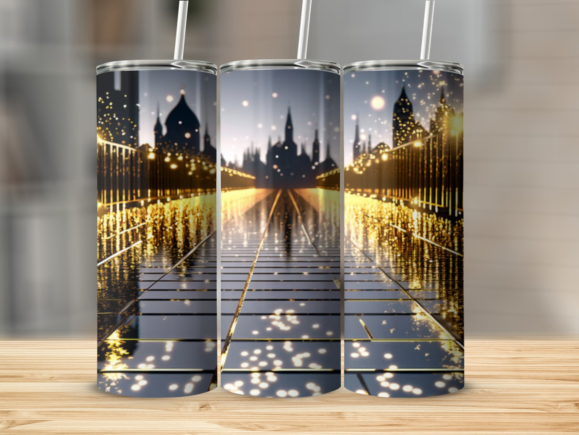 Glowing cityscape reflected on a wet, tiled path.