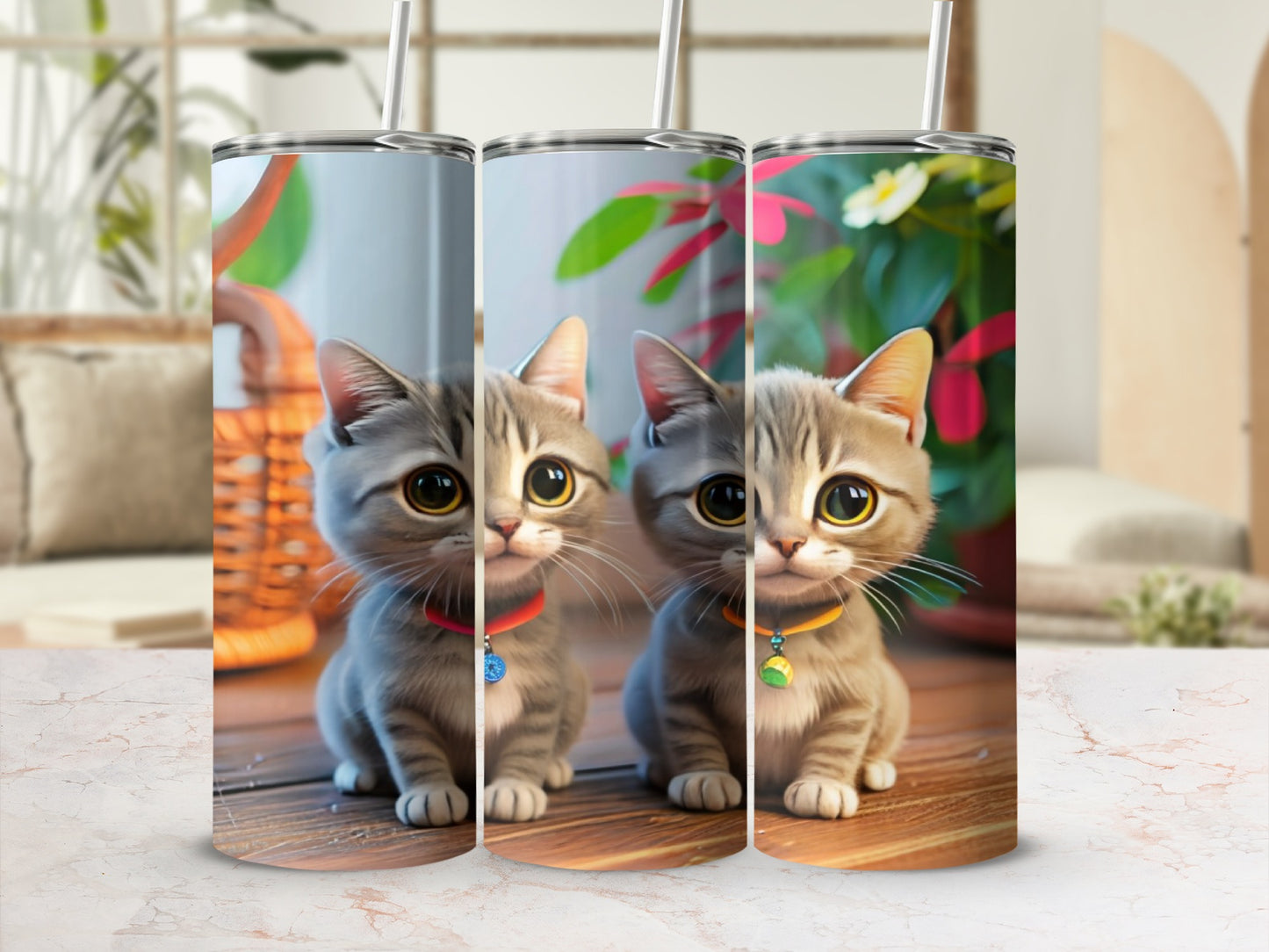 Two adorable cartoon kittens with big eyes and colorful collars sit on a wooden surface.