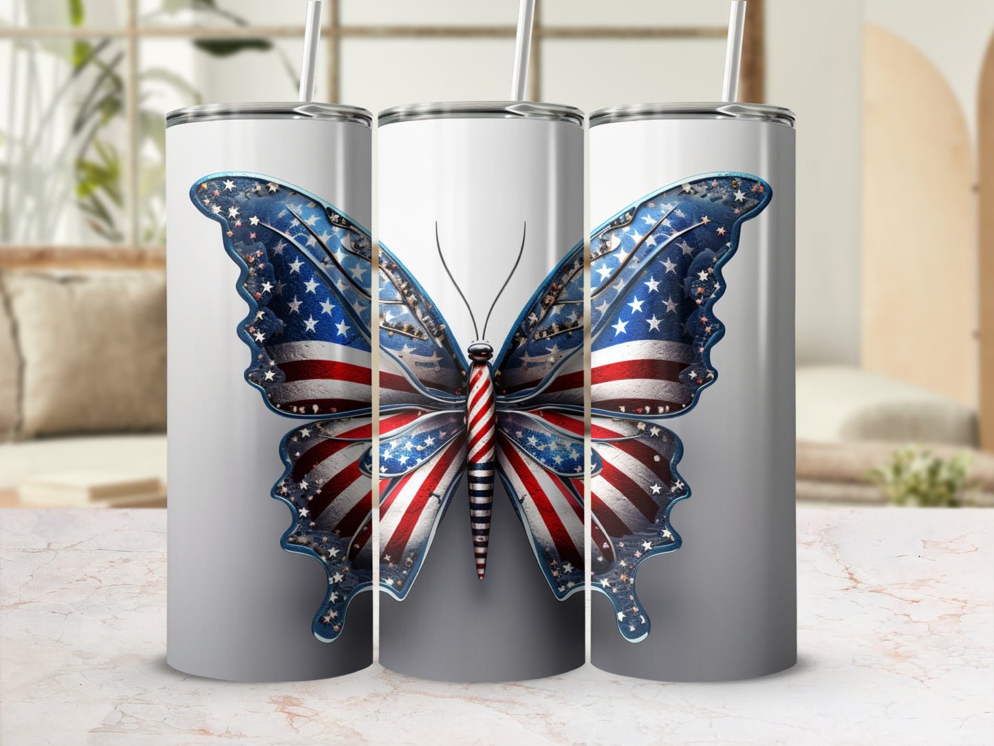 Tumbler with American flag butterfly design.