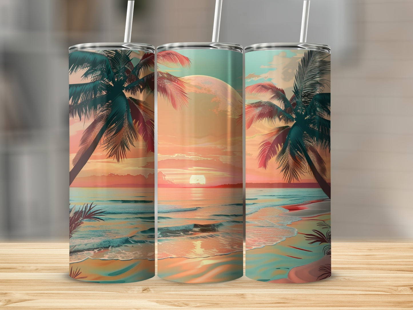 Three tumblers with tropical sunset beach scene.