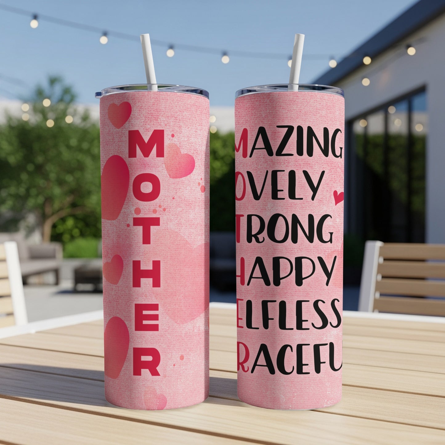 Two pink patterned tumblers with "MOTHER" and positive adjectives for mothers.