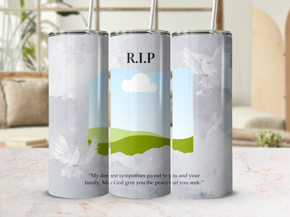 Tribute tumbler with R.I.P text, doves, landscape, and condolence message.