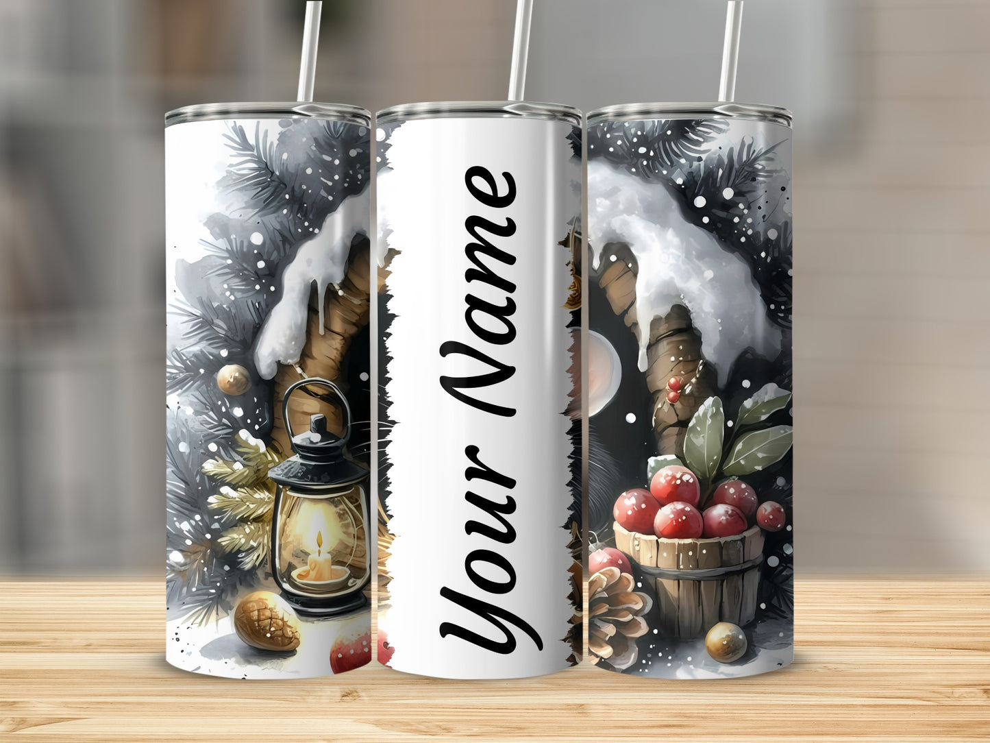 Customizable Christmas Themed Tumbler with Straw