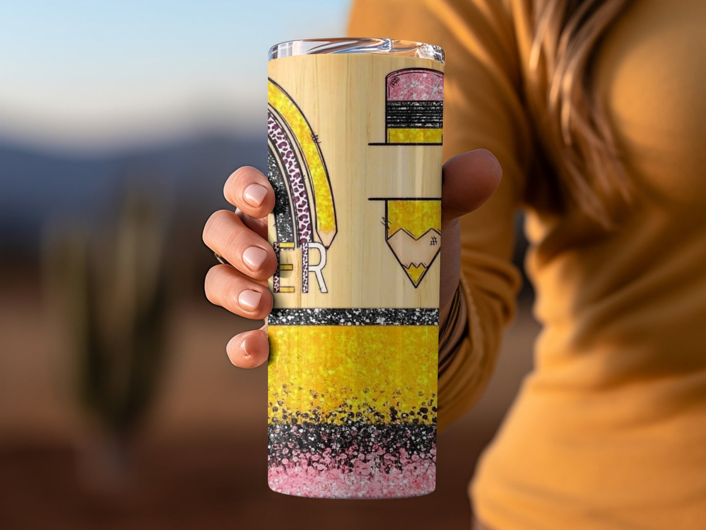 Teacher Rainbow Apple Design Decorated Pencil Style Tumblers