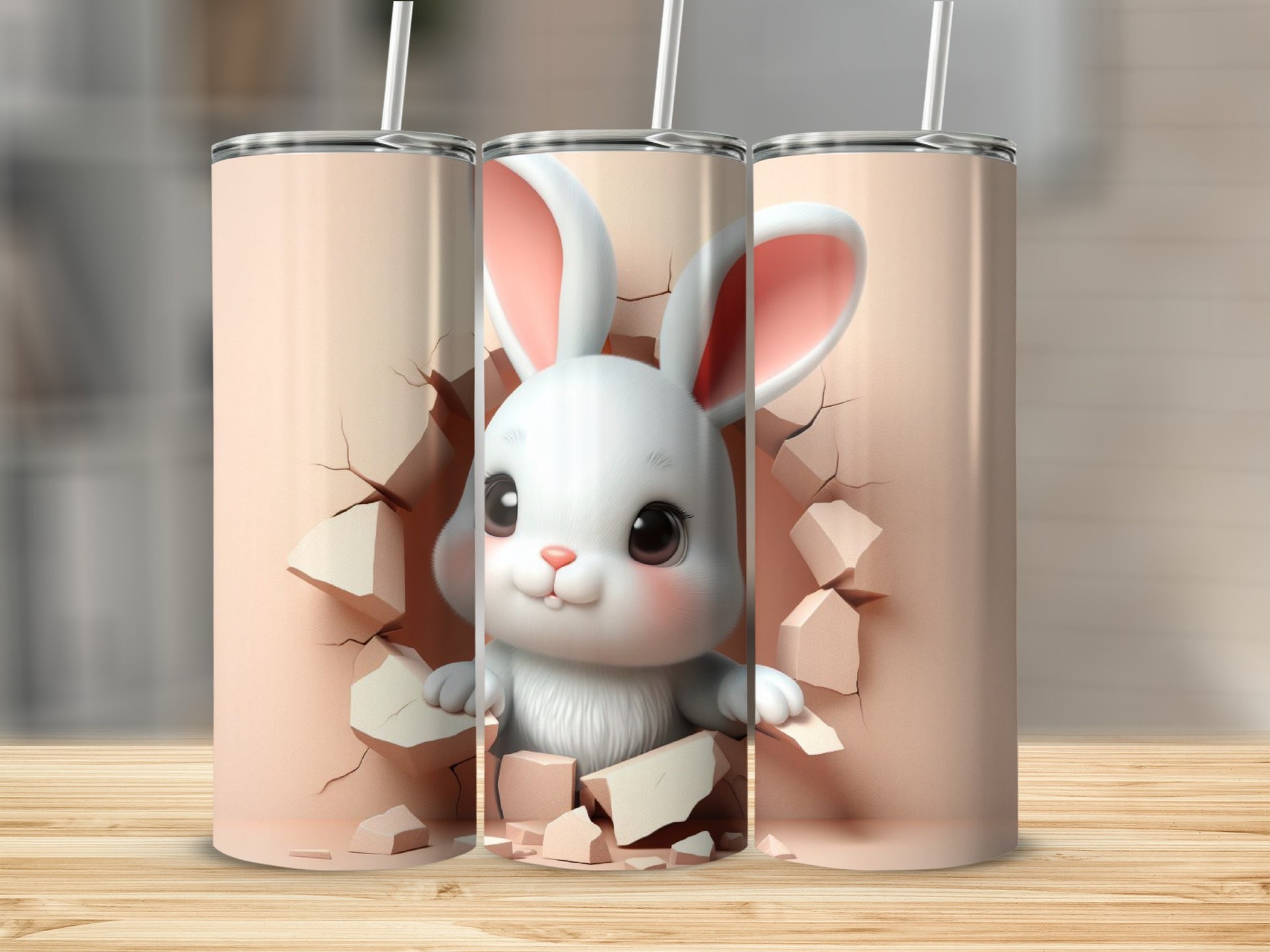 White cartoon bunny emerging from cracked pink surface, three tumblers shown.