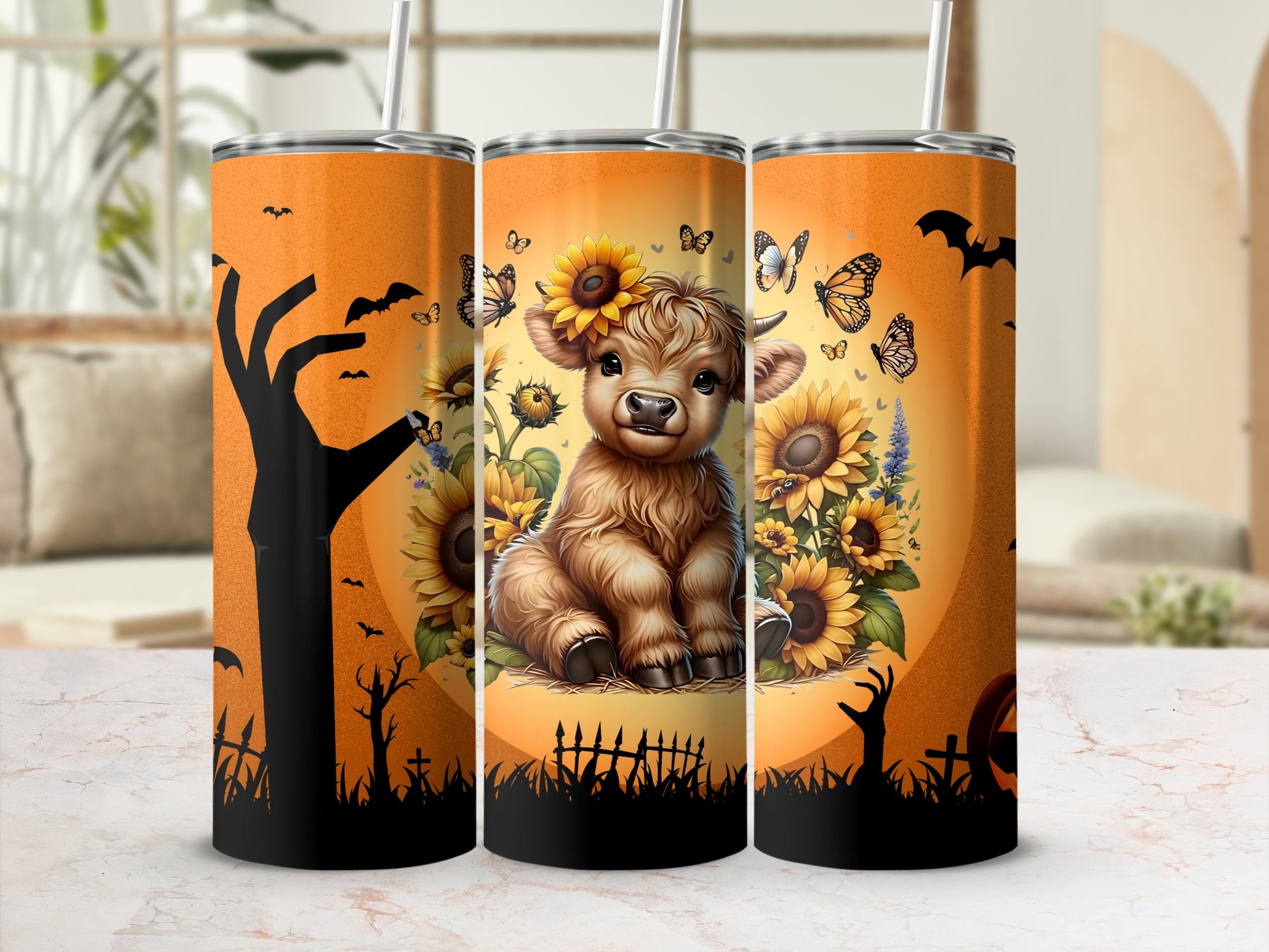 Cute Highland Cow and Sunflower Halloween Tumbler