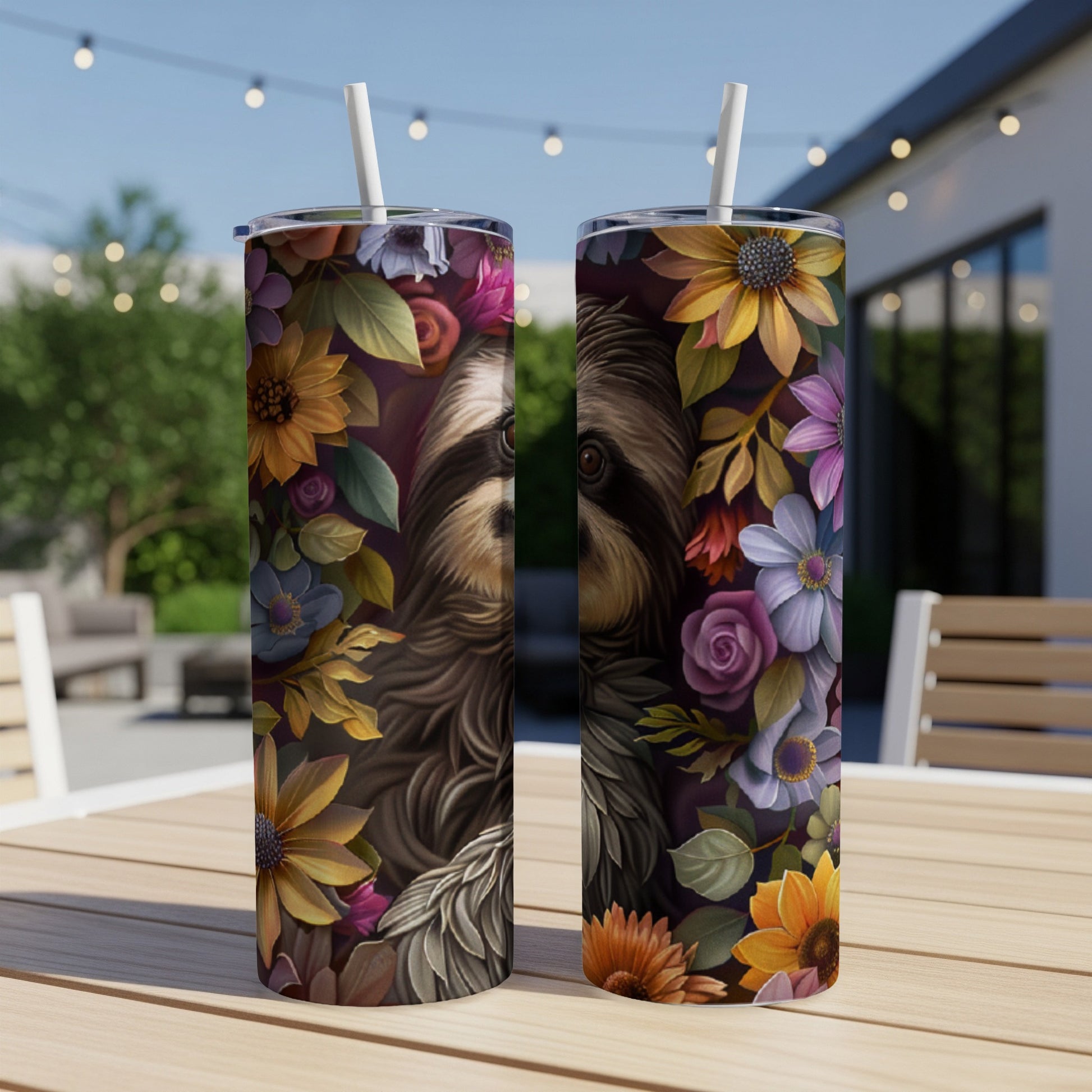 Two tumblers with sloth and floral design sit on a wooden table.