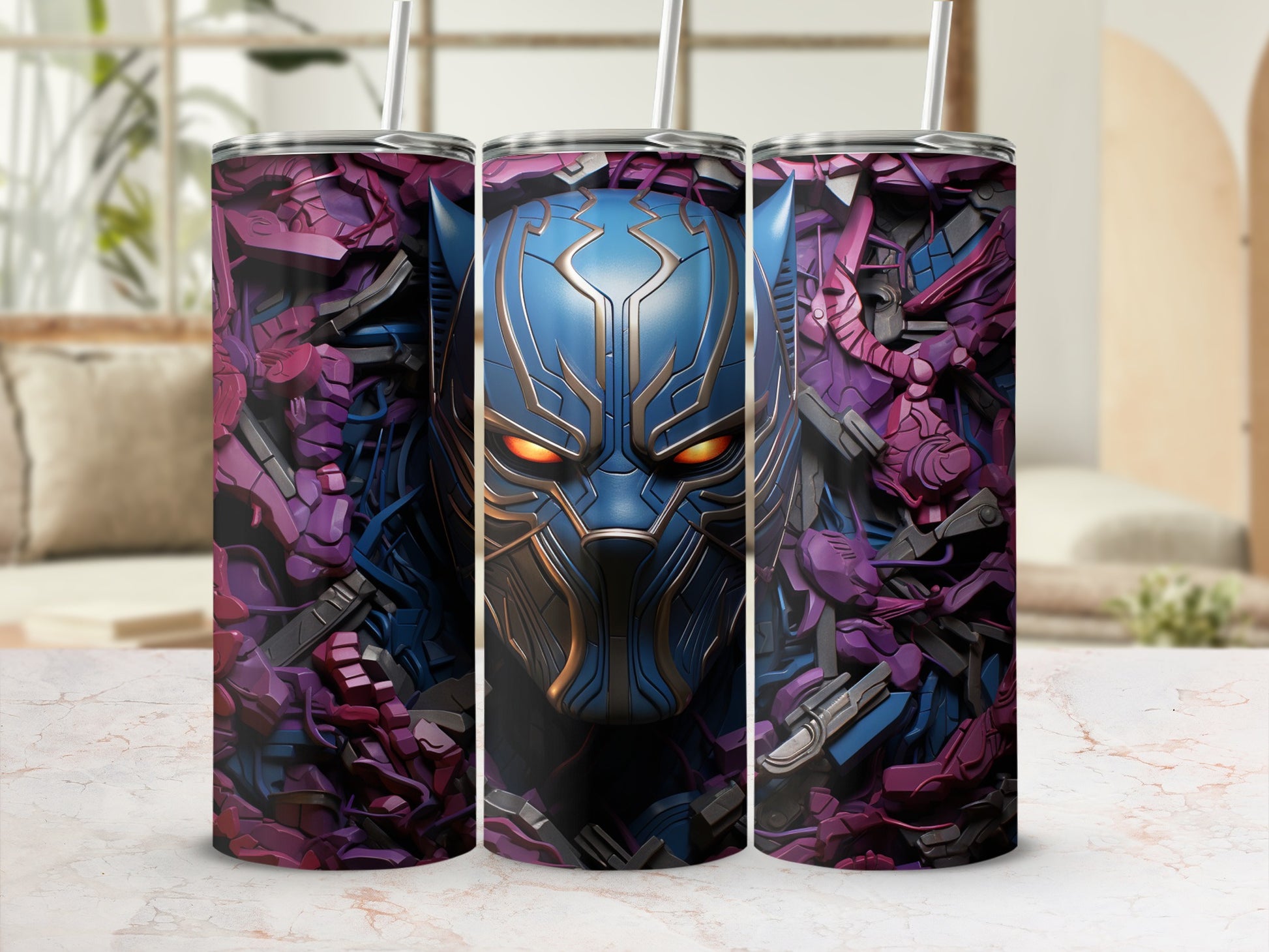 Vibrant Panther and Robots Design Stainless Steel Tumbler