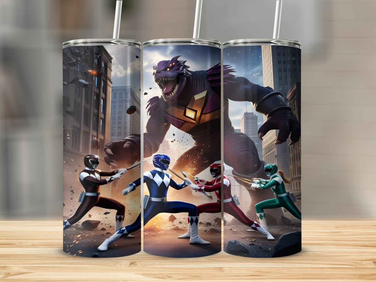 Three Power Rangers battle a giant purple monster in a city.