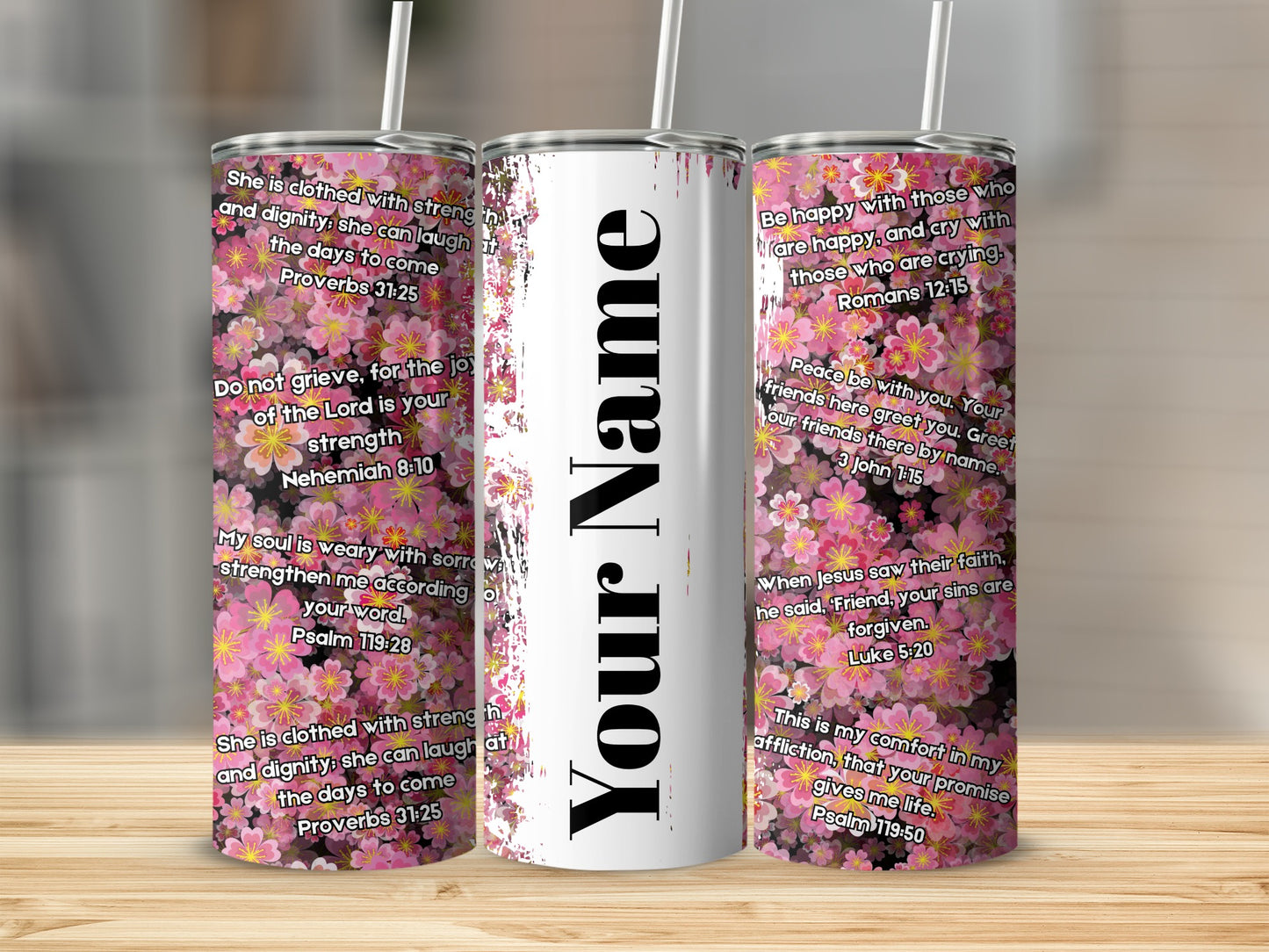 Floral Bible Verse Quotes Custom Name Tumbler