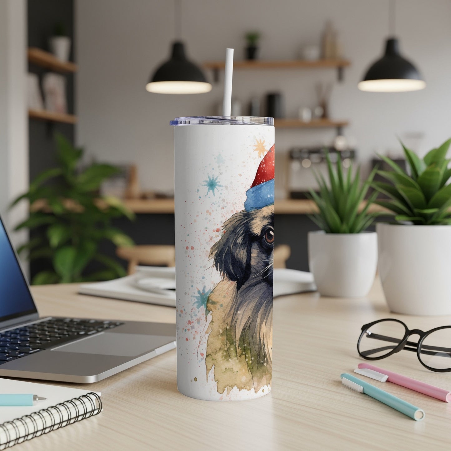 Watercolor dog with Santa hat on a white tumbler cup.