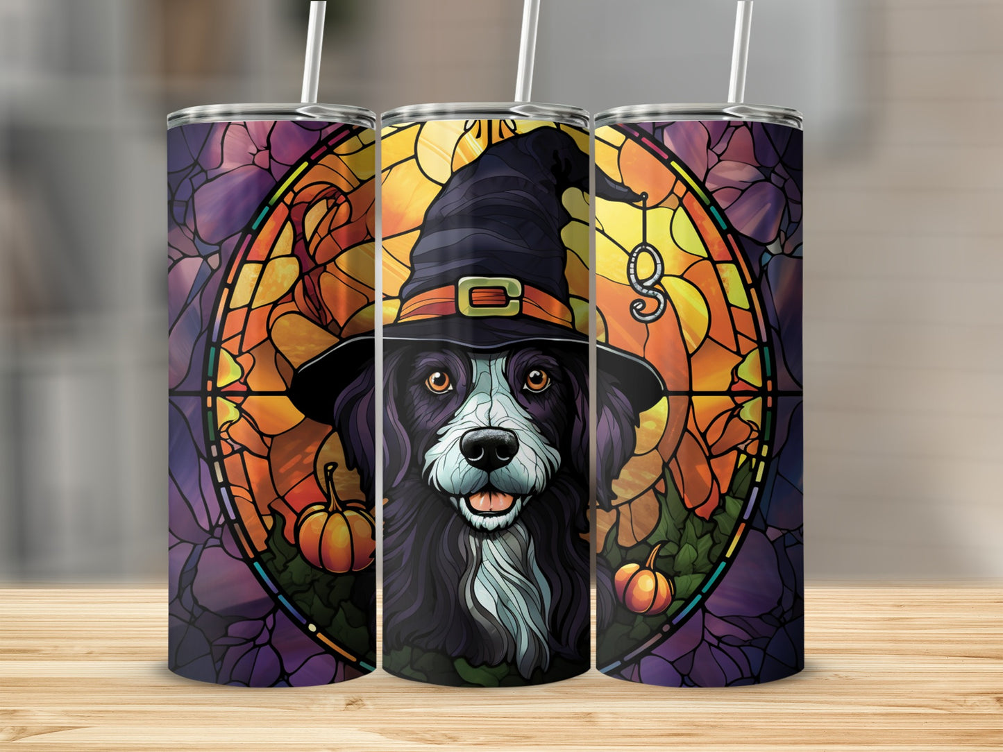 Dog wearing witch hat with stained glass and pumpkins.