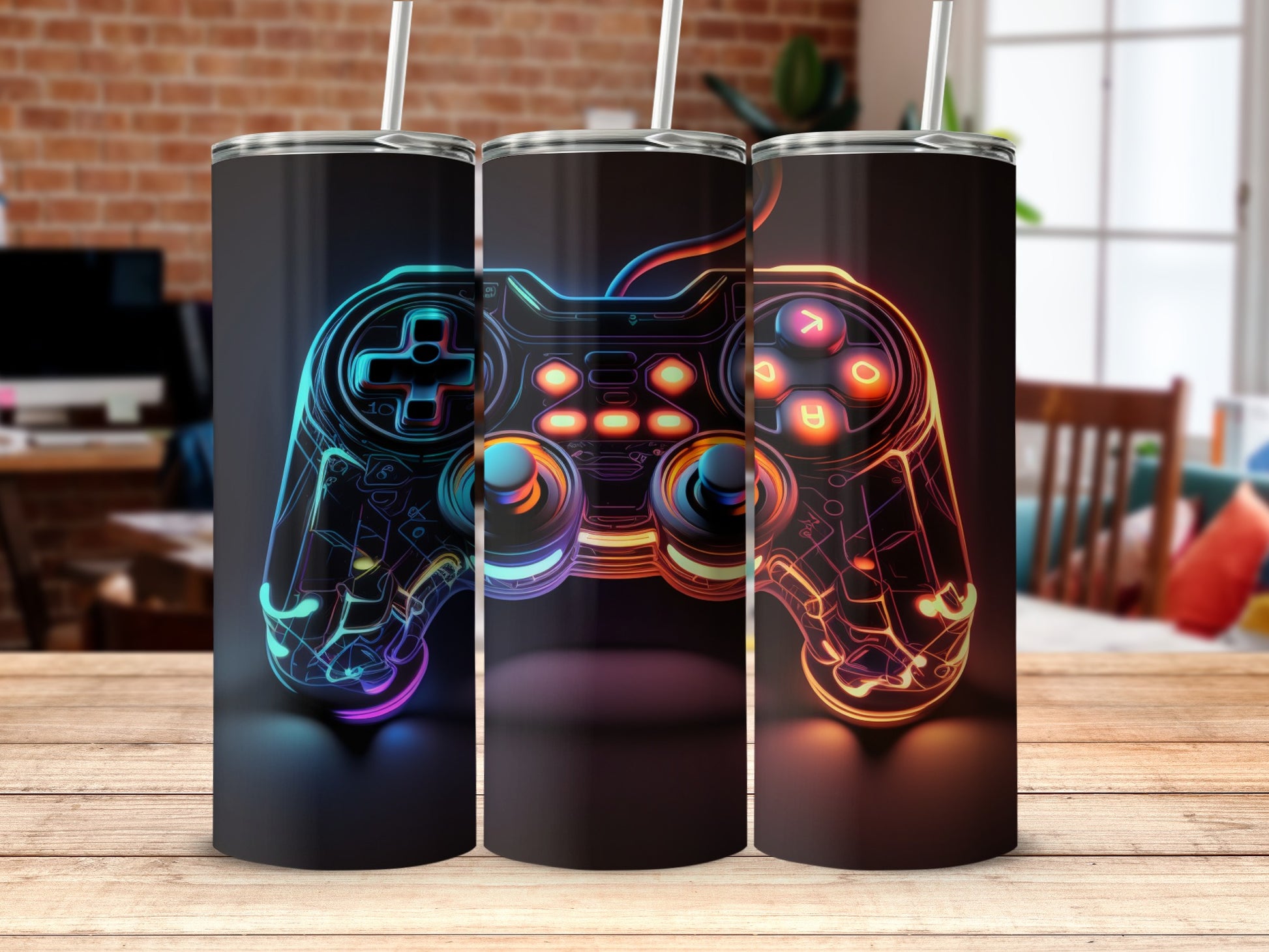 Neon Gaming Controllers Artwork on Tumblers Product