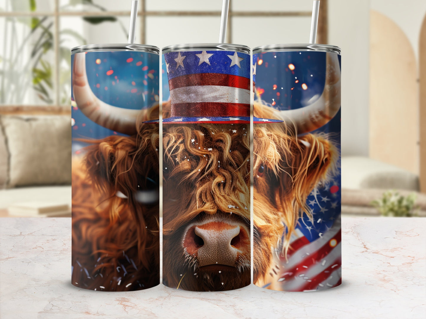 Highland cow wearing patriotic Uncle Sam hat with American flag background.