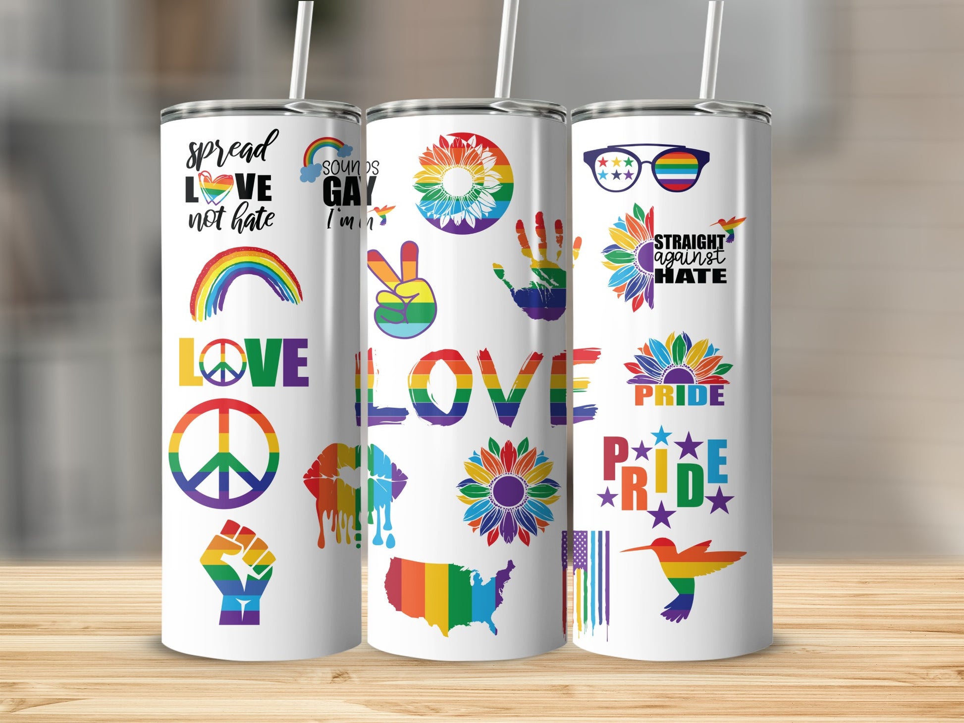 Rainbow pride tumbler with LGBTQ+ symbols and messages of love.