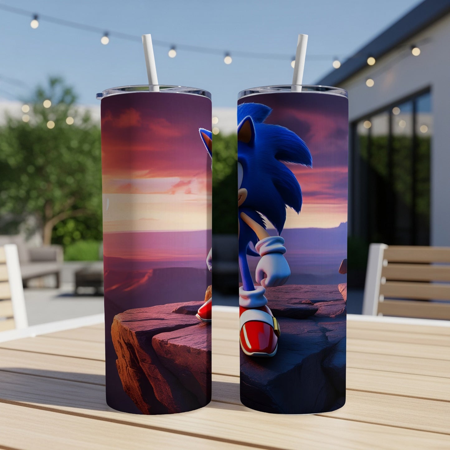 Sonic the Hedgehog on a rocky cliff at sunset.