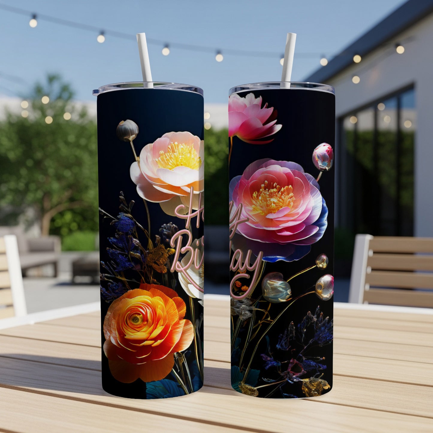 Two tumblers with floral designs and "Happy Birthday" text, on a table.