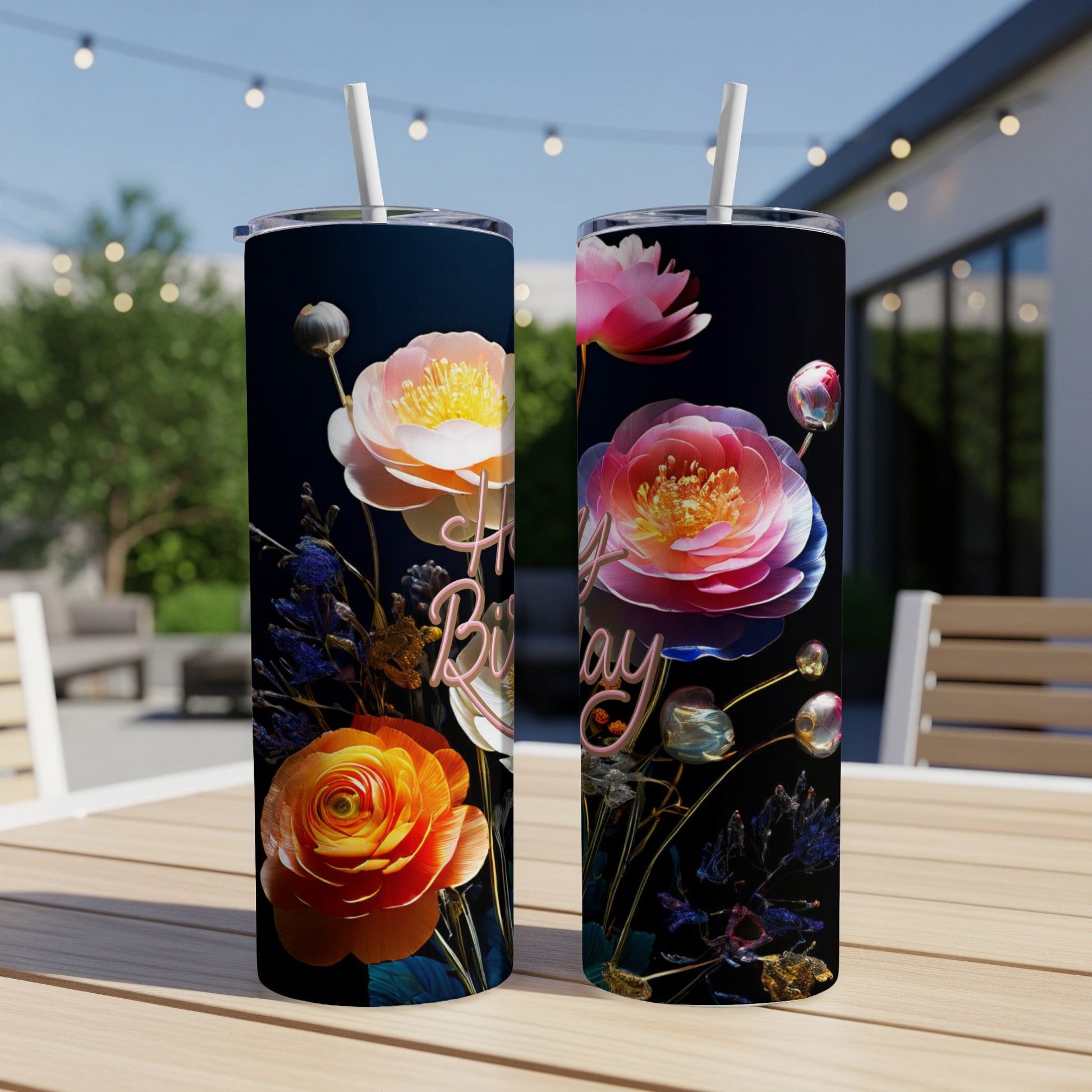 Two tumblers with floral designs and "Happy Birthday" text, on a table.