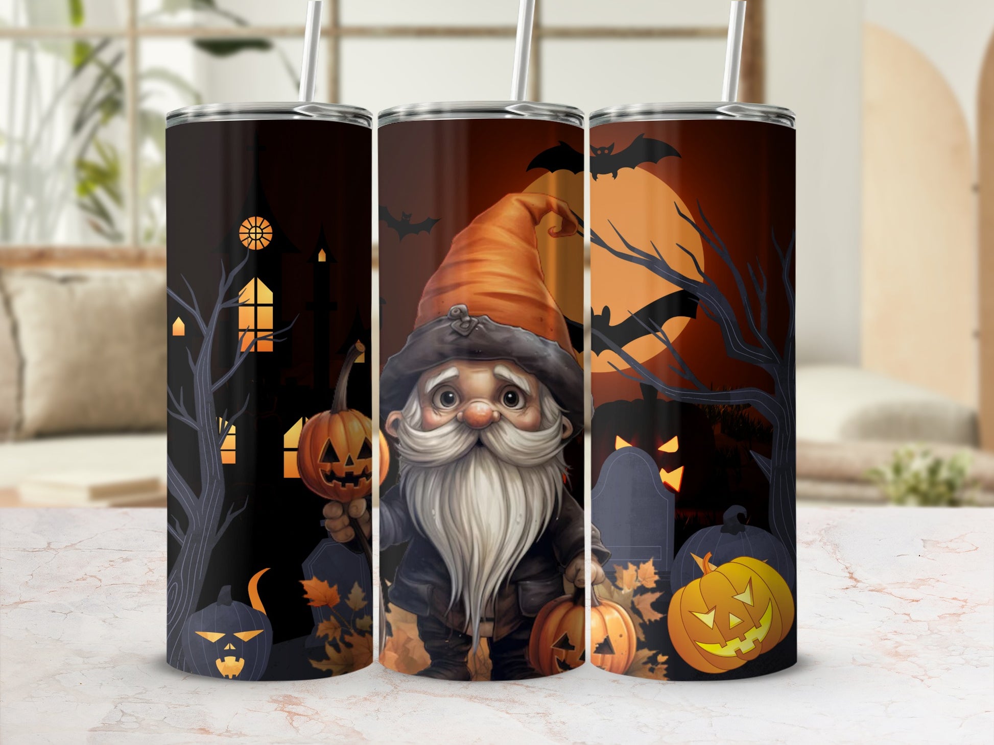 Halloween Gnome Pumpkin and Haunted House Tumbler